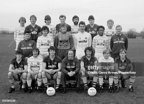 The Aston Villa first team squad modelling the new home and away shirts in a team photograph at Bodymoor Heath near Birmingham, 1st March 1984. Back...
