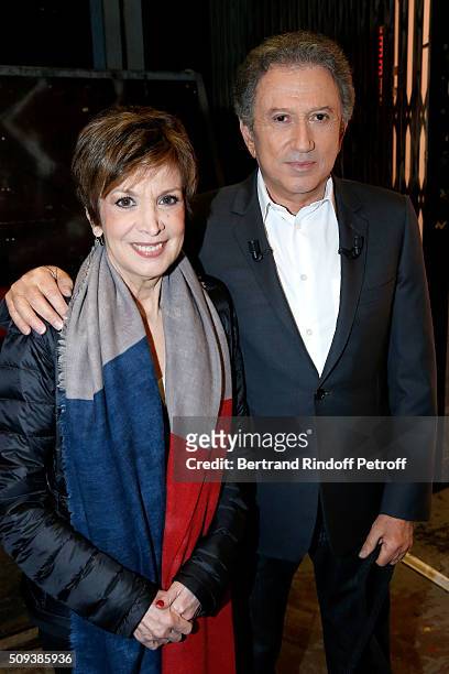 Catherine Laborde and Presenter of the show Michel Drucker attend the 'Vivement Dimanche' French TV Show at Pavillon Gabriel on February 10, 2016 in...