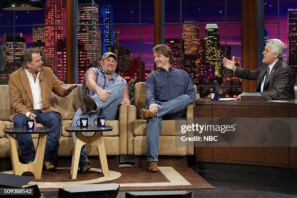 Episode 2996 -- Pictured: Comedian Bill Engvall, character Larry the Cable Guy, and comedian Jeff Foxworthy during an interview with host Jay Leno on...