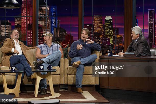 Episode 2996 -- Pictured: Comedian Bill Engvall, character Larry the Cable Guy, and comedian Jeff Foxworthy during an interview with host Jay Leno on...