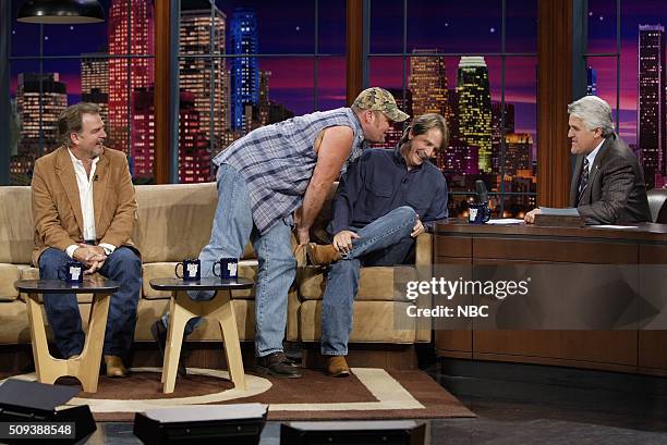 Episode 2996 -- Pictured: Comedian Bill Engvall, character Larry the Cable Guy, and comedian Jeff Foxworthy during an interview with host Jay Leno on...