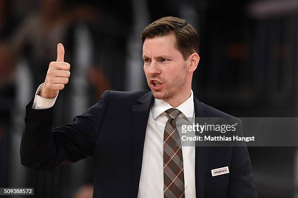 Head coach Thorsten Leibenath of Ulm gestures during the Eurocup Basketball match between ratiopharm Ulm and FC Bayern Muenchen at ratiopharm Arena...