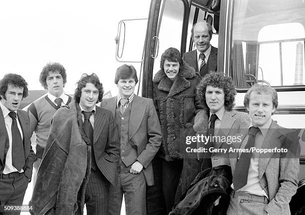 Group of Birmingham City footballers preparing to leave for an away match, circa January 1979. Left-right: Malcolm Page, Neil Freeman, Trevor...