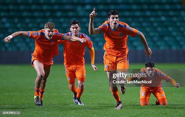 Rafael Mir of Valencia leads the celebrates as they win the penalty shoot out during the UEFA Youth Champions League match between Celtic and...