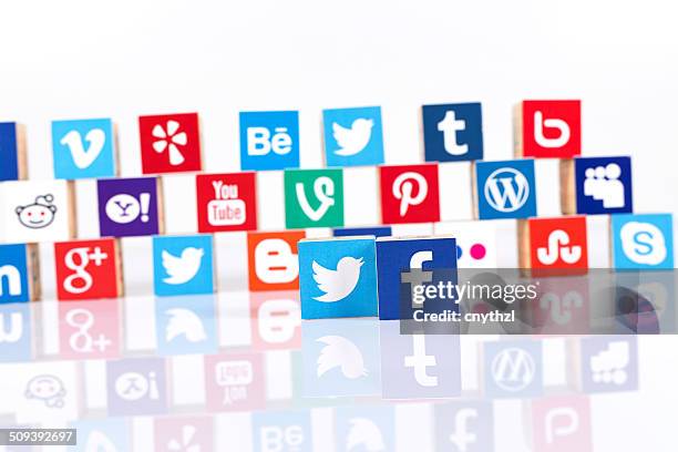 social media and technology cubes on white background - google social networking service stock pictures, royalty-free photos & images