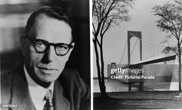 Portrait of civil engineer Othmar H. Ammann and the Bronx-Whitestone Bridge in New York City, designed by Ammann and opened in 1939.