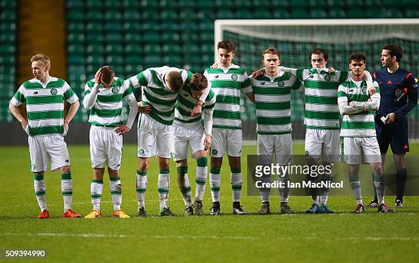 Celtic player look on during the penalty shoot out during the UEFA Youth Champions League match between Celtic and Valencia at Celtic Park on...