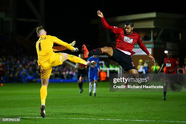 Jose Salomon Rondon of West Bromwich Albion competes for the ball with Ben Alnwick of Peterborough during the Emirates FA Cup fourth round replay...