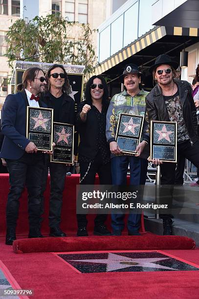 Recording artists Sergio Vallin, Juan Calleros, Alex Gonzalez, Carlos Santana and Fher Olvera attend a ceremony honoring Maná with the 2,573rd Star...