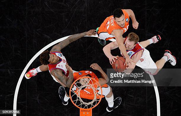 Anton Gavel of FC Bayern Muenchen is challenged by Da Saen Butler of Ulm during the Eurocup Basketball match between ratiopharm Ulm and FC Bayern...