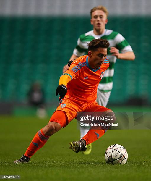 Alvaro Gomez Martin of Valencia controls the ball during the UEFA Youth Champions League match between Celtic and Valencia at Celtic Park on February...