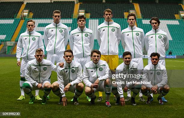 Celtic pose for a team photo during the UEFA Youth Champions League match between Celtic and Valencia at Celtic Park on February 10, 2016 in Glasgow,...