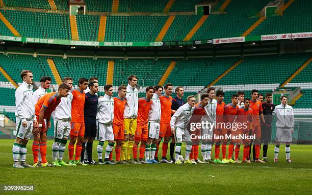 Valencia and Celtic platers pose for a team photo during the UEFA Youth Champions League match between Celtic and Valencia at Celtic Park on February...