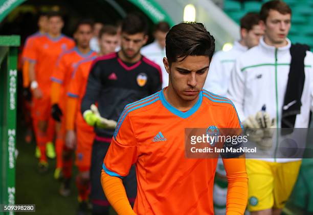 Javier Jimenez of Valencia leads out his team during the UEFA Youth Champions League match between Celtic and Valencia at Celtic Park on February 10,...