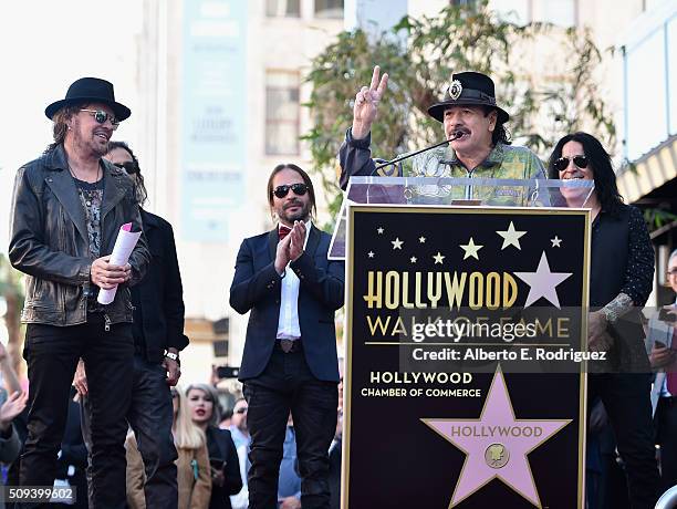 Musicians Fher Olvera, Juan Calleros, Sergio Vallin, Carlos Santana and Alex Gonzalez attend a ceremony honoring Maná with the 2,573rd Star on the...