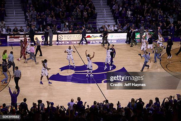 Aerial view of Kansas State players victorious on court after winning game vs Oklahoma at Bramlage Coliseum. Manhattan, KS 2/6/2016 CREDIT: Jeff...