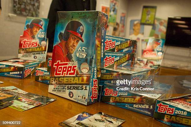 Topps' baseball cards from the 2016 season are on display during the "Open Topps Baseball Series 1 Cards " event at the Topps' offices on February...