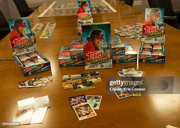 Topps' baseball cards from the 2016 season are on display during the "Open Topps Baseball Series 1 Cards " event at the Topps' offices on February...