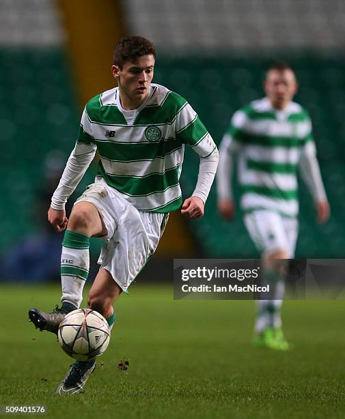 Jack Aitchison of Celtic controls the ball during the UEFA Youth Champions League match between Celtic and Valencia at Celtic Park on February 10,...