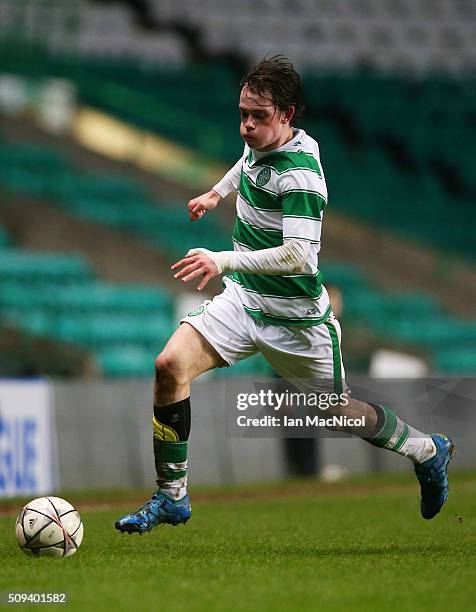 Theodore Archibald of Celtic controls the ball during the UEFA Youth Champions League match between Celtic and Valencia at Celtic Park on February...