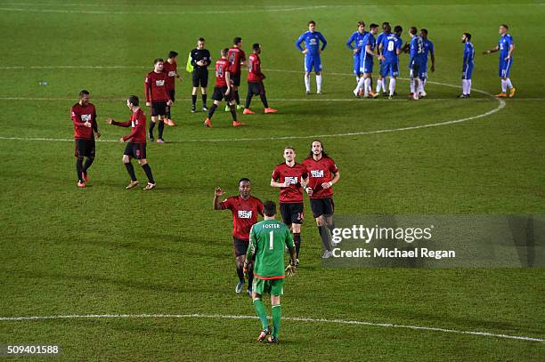 Saido Berahino, Darren Fletcher and Jonas Olsson of West Bromwich Albion run to celebrate victory with team-mate Ben Foster of West Bromwich Albion...