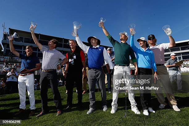 Musician Clay Walker, Musician Huey Lewis, Comedian Bill Murray, Actor Josh Duhamel, Musician Kenny G, and Musician Toby Keith hold up trophies at...