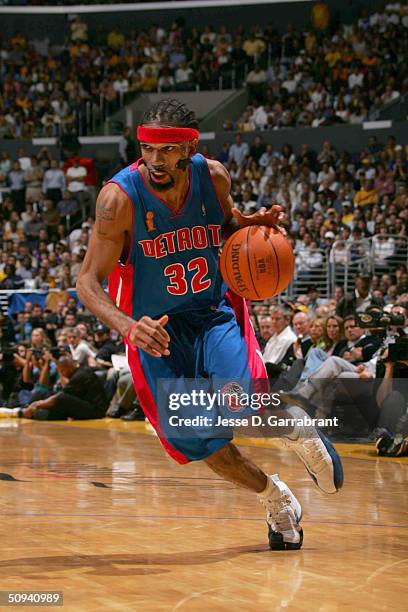Richard Hamilton of the Detroit Pistons drives against the Los Angeles Lakers during game two of the 2004 NBA Finals at the Staples Center in Los...