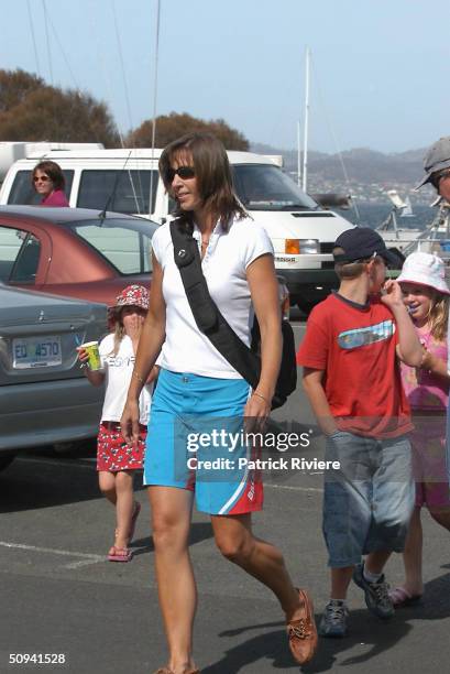 Mary Donaldson the Australian girlfriend of Frederik Prince of Denmark's, returns to the Hobart Yacht Club's docks after watching the first race of...