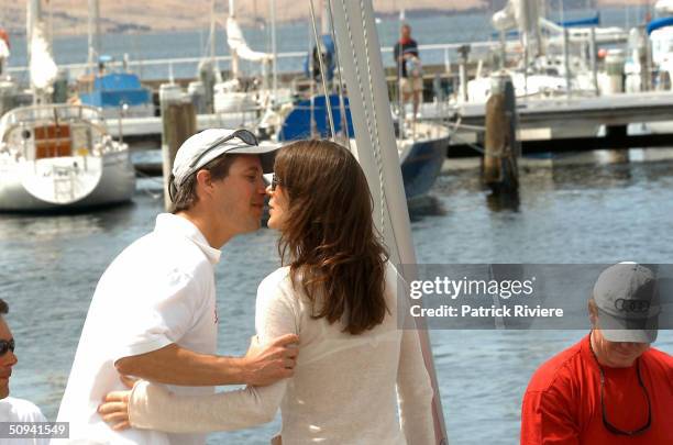 Prince Frederik of Denmark greets and kisses for the first time in public his Australian girlfriend Mary Donaldson on the deck of the Tasmania Yacht...