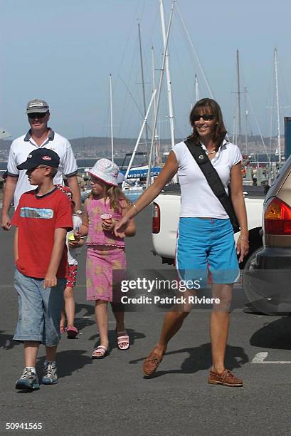 Mary Donaldson the Australian girlfriend of Frederik Prince of Denmark's, returns to the Hobart Yacht Club's docks after watching the first race of...