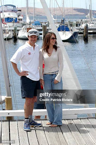 Prince Frederik of Denmark greets and kisses for the first time in public his Australian girlfriend Mary Donaldson on the deck of the Tasmania Yacht...
