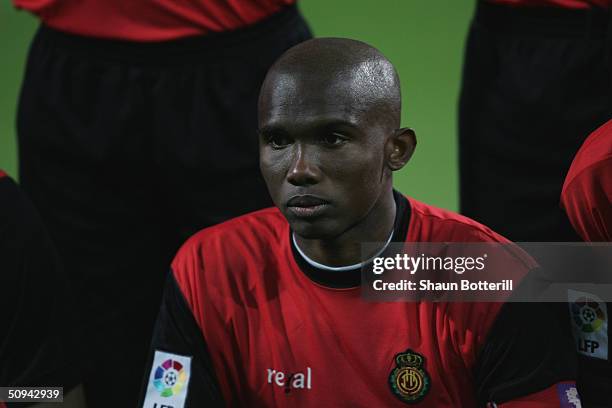 Samuel Eto'o of Real Mallorca lines up prior to kick off of the Spanish Primera Liga match between Real Madrid and Real Mallorca at The Santiago...