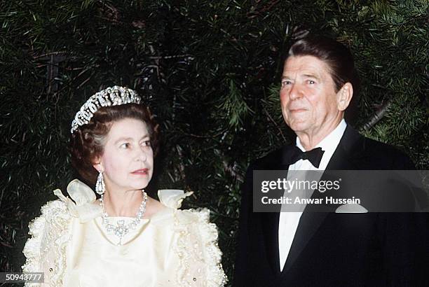 Her Majesty Queen Elizabeth II and President Ronald Reagan attend a banquet in March 1983 in San Francisco, California.