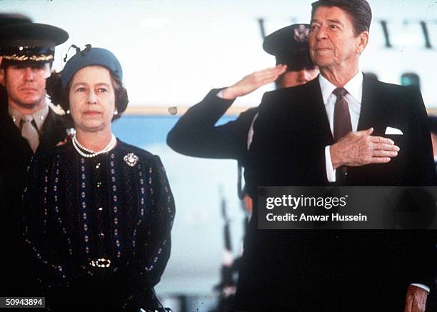 Her Majesty Queen Elizabeth II stands with President Ronald Reagan in March 1983 during her visit to Sacramento, California.