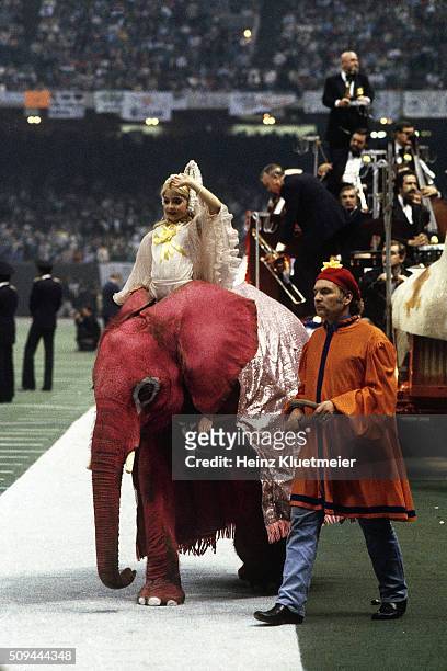 Super Bowl XV: View of youth performer riding pink elephant in front of float featuring Pete Fountain during halftime show of Oakland Raiders vs...