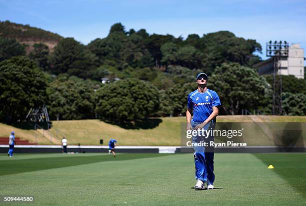 Jackson Bird of Australia warms up during an Australian nets session at Basin Reserve on February 11, 2016 in Wellington, New Zealand.