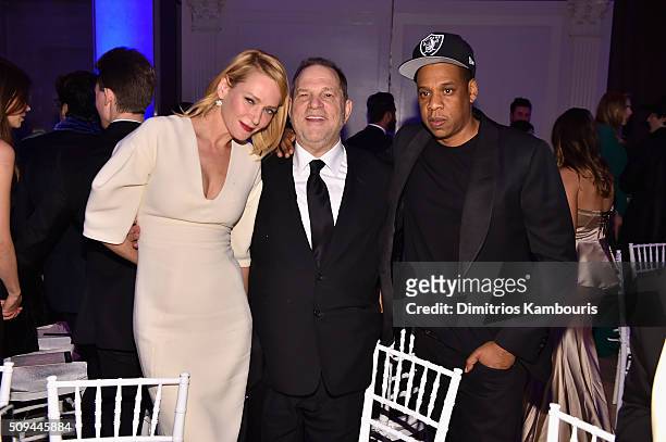 Actress Uma Thurman, Harvey Weinstein, and Jay Z attend the 2016 amfAR New York Gala at Cipriani Wall Street on February 10, 2016 in New York City.