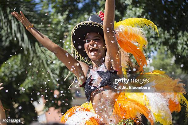 Stilt walker dances in the street during the Bloco das Mulheres Rodadas Carnival parade in Rio de Janeiro, Brazil, on Wednesday, Feb. 10, 2016. The...