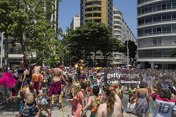 Revelers party in the street during the Bloco das Mulheres Rodadas Carnival parade in Rio de Janeiro, Brazil, on Wednesday, Feb. 10, 2016. The Bloco...