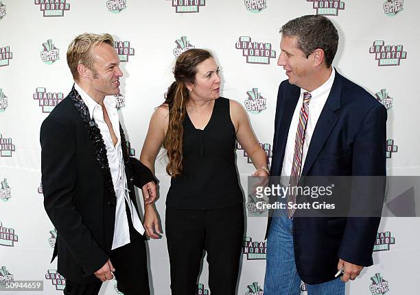 Comedian Graham Norton, Comedy Centrals Senior VP of Original Programming Lauren Corrao, and Comedy Central CEO Doug Herzog arrive at a party to...