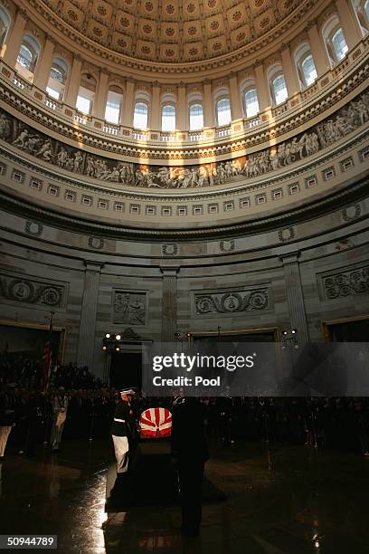 The casket of former U.S. President Ronald Reagan is placed in the rotunda of the U.S. Capitol during a state funeral on Capitol Hill June 9, 2004 in...