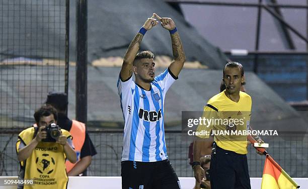 Argentina's Racing Club forward Gustavo Bou celebrates after scoring a goal against Mexico's Puebla during the Copa Libertadores 2016 football match...