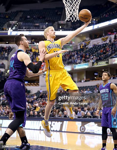 Chase Budinger of the Indiana Pacers shoots the ball during the game against the Charlotte Hornets at Bankers Life Fieldhouse on February 10, 2016 in...