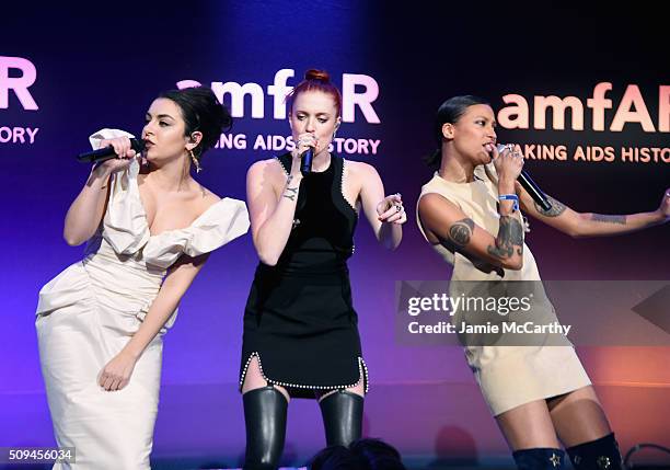 Charli XCX, Caroline Hjelt and Aino Jawo perform onstage during the 2016 amfAR New York Gala at Cipriani Wall Street on February 10, 2016 in New York...