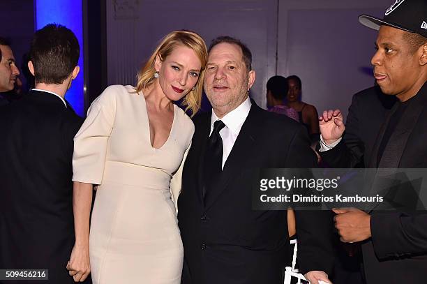 Uma Thurman, Harvey Weinstein, and Jay Z attend the 2016 amfAR New York Gala at Cipriani Wall Street on February 10, 2016 in New York City.