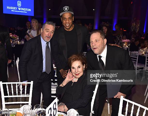 Robert De Niro, Jay Z, Harvey Weinstein and Miriam Weinstein attend the 2016 amfAR New York Gala at Cipriani Wall Street on February 10, 2016 in New...