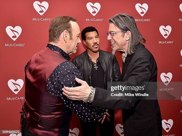 Actor Kevin Spacey, recording artist Lionel Richie and Vice President of MusiCares Scott Goldman attend Arts & Ideas: An Evening with Lionel Richie...