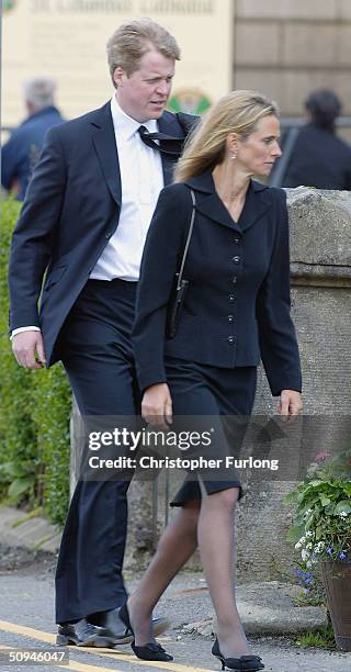 Earl Spencer and wife Caroline arrive for the funeral of Princess Diana's mother Frances Shand Kydd at the Cathedral of Saint Columba on June 10,...