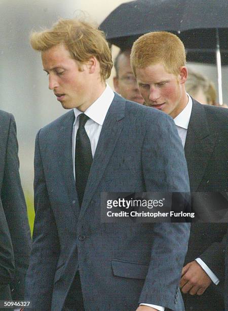 Prince William and Prince Harry attend the funeral of Princess Diana's mother Frances Shand Kydd at the Cathedral of Saint Columba on June 10, 2004...