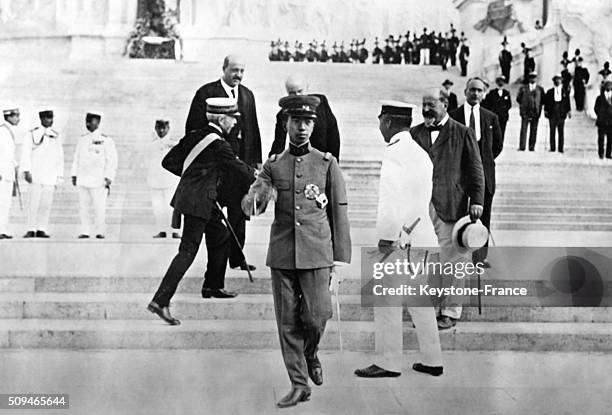Crown prince Hirohito of Japan in front of the Victor Emmanuel Monument in Rome, Italy, in 1921.